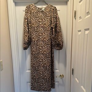 H&M Ladies HM Midi Long Oversized Puff Sleeve Dress Leopard Print Brown Beige